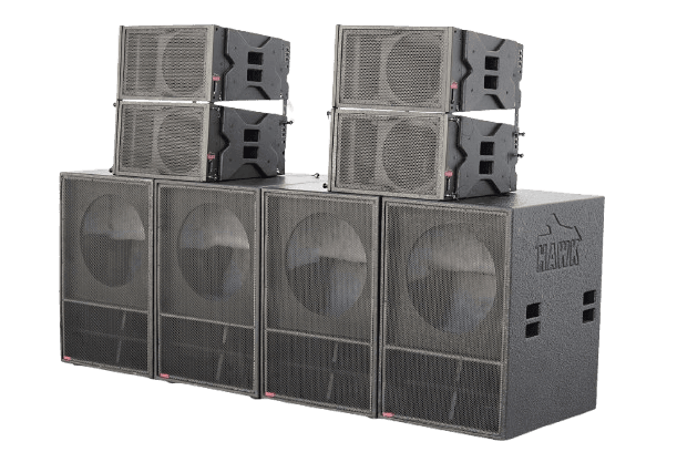 HAWK subwoofer cabinet with HAWK branding, three-quarter view